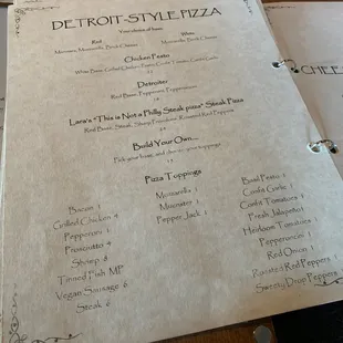 Detroit style pizza menu