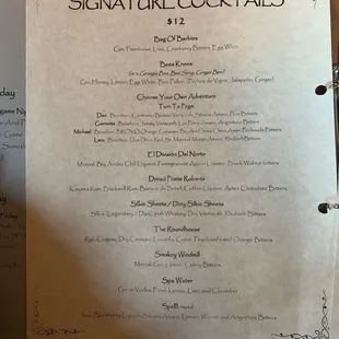 Signature cocktail menu