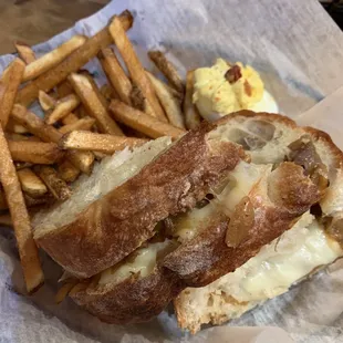 French Onion Melt with fabulous fresh cut fries and deviled egg