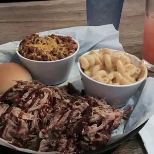 Pulled pork plate with smokehouse chili and jalapeño mac &amp; cheese.