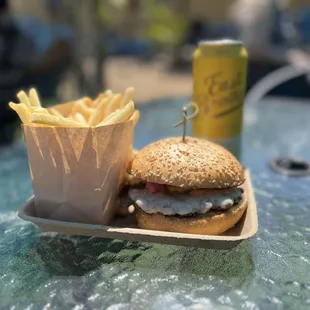 Backyard Burger, fries, East Bro Gold IPA