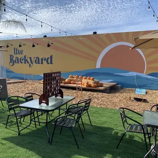 Outdoor seating, playing area, giant connect four