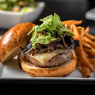 a burger and fries on a plate