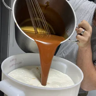 Buckets of Carmel poured right into the cream