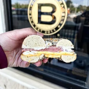 Jersey Breakfast Sandwich with Taylor Ham. I added cream cheese. On an everything bagel!