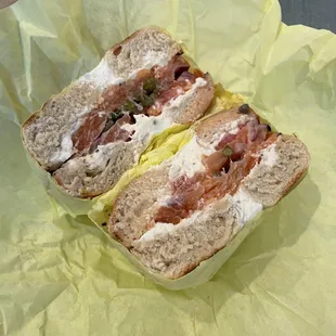 $10 Lox Bagel - cream cheese, smoked salmon with capers, tomato and onion