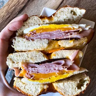 Bacon, ham, egg &amp; cheese on jalapeño cheese bagel