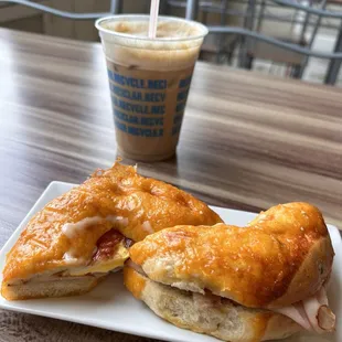 Iced caramel macchiato and egg splosion bagel!