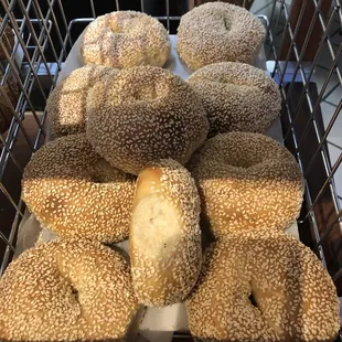 Delicious basket of sesame bagels, come pick up some. U Super fresh, made daily.