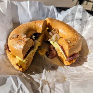 Green chile bagel with bacon, egg and cheese
