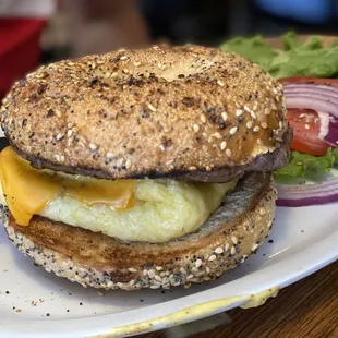 Breakfast bagel sandwich with beef sausage.  It was fairly good.  A standard.  Maybe needed more cheese or some butter?