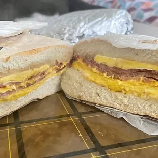 Taylor ham, egg and cheese on a hard roll