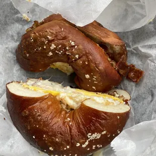 Pretzel bagel with bacon, fried egg and cheese