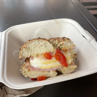 partially eaten yummy Cottons Bagel Sandwich