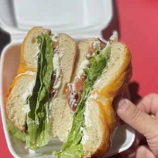 I call this one a Bacon Lover with a Healthy Conscience. It's a cheddar bagel with cream cheese, extra bacon and lettuce.