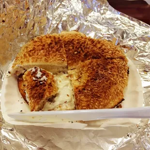 No better way to fix a rough morning than to down a delicious sesame seed bagel smothered in cream cheese.