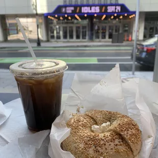 a coffee and a bagel