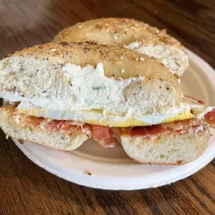 The Bageler Breakfast Sandwich; swapped out the slice of Munster cheese for the garlic chive cream cheese for the win