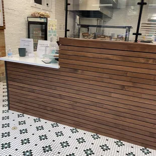 a counter with a bagel on it