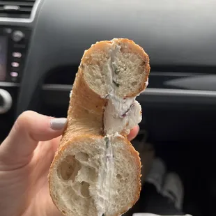 Rosemary bagel with onion and chive cream cheese