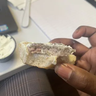 Plain bagel with sausage and cream cheese