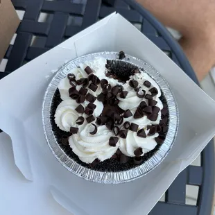 Mini French silk pie (with bite taken out, whoops phone didn&apos;t eat first)