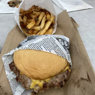 French fried and a fried onion burger