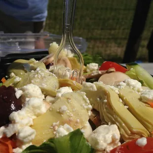 House salad to go. Hearts of palm, artichoke, cucumber, carrot, tomato. Excellent.