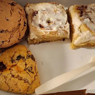 Cinnamon rolls, green chile scone, and cookie