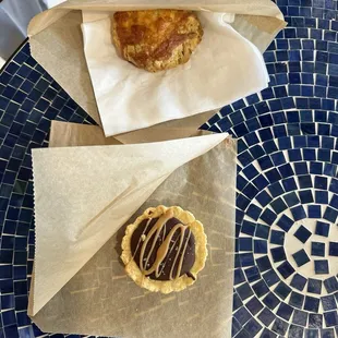 Green chile and cheese scone, salted caramel tart