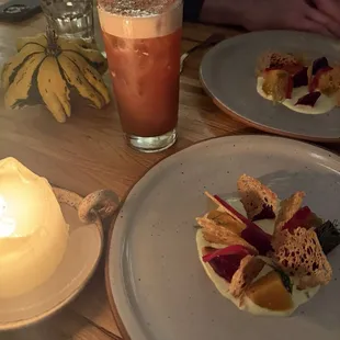 Cider drink with fresh nutmeg. Beet cured smoked salmon.