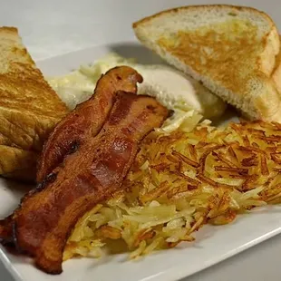 bacon, hash browns, and toast
