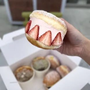 Strawberry milk cream donut -- that's one thiccc donut! Cream isn't too heavy :)