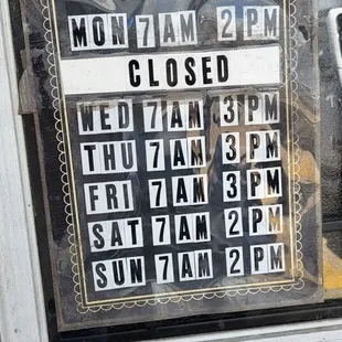 Hours for the Bakery Cafe.