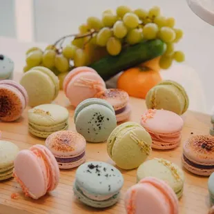 European Summer Soiree themed macarons: Ube brulee, strawberry shortcake, cookies and cream and pistachio