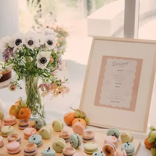 European Summer Soiree themed macarons: Ube brulee, strawberry shortcake, cookies and cream and pistachio