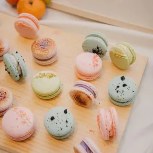European Summer Soiree themed macarons: Ube brulee, strawberry shortcake, cookies and cream and pistachio
