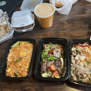 pad Thai, beef salad, drunken noodles, red curry, roti