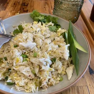 Jumbo lump crab fried rice with egg, garlic and cilantro. Served with green sauce which was a great acidic/spicy compliment to the rice.