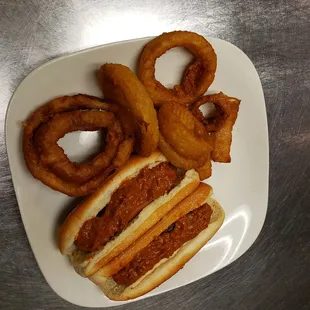 Hot dogs and onion rings.
