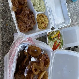 Honey old bay fried chicken w/ potato salad, Mac &amp; cheese, side salad &amp; onion rings. Neither dark or white meat were juicy.