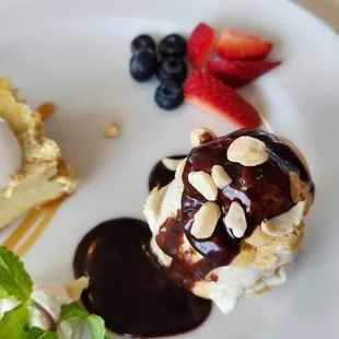 haupia sauce, fresh fruits, ice cream in a puff with chocolate sauce...