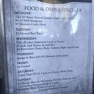 Food and Drink Specials (No Breakfast till 3PM)