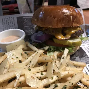 Hamburger and truffle fries