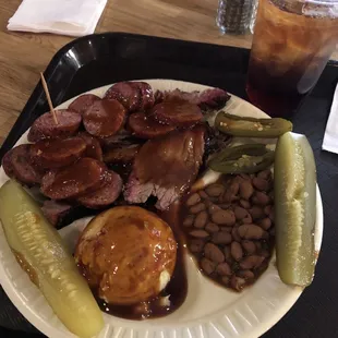 Brisket, jalapeño sausage, beans, and potato salad - Pretty Good
