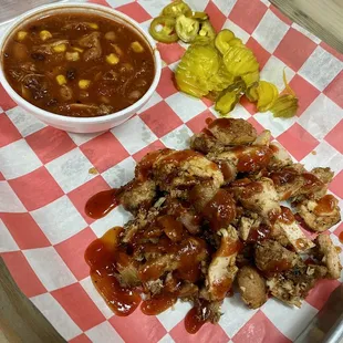 Chicken, Cowboy Stew and Pickles.  YUM!