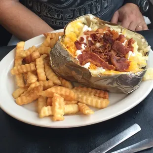 Huge Baked Potato with Bacon and Fries