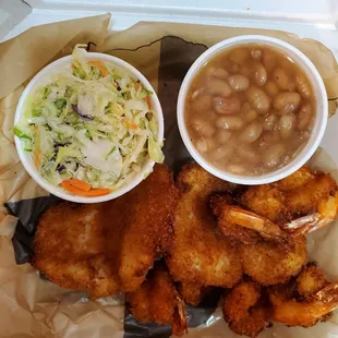 Combo basket fish and shrimp with coleslaw (looks really tired to me) and pinto beans.  Won&apos;t eat either one.