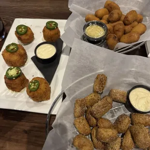 Jalapeño Mac n cheese bites, mini corn dogs, and pretzel bites