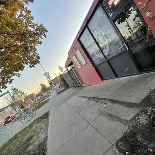 a red building with a glass window